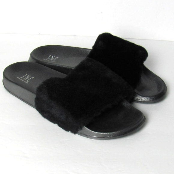INC International Concepts Shoes - Black Faux Fur Slippers
